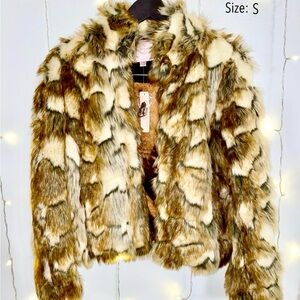 Faux Fur Jacket in Brown and Cream